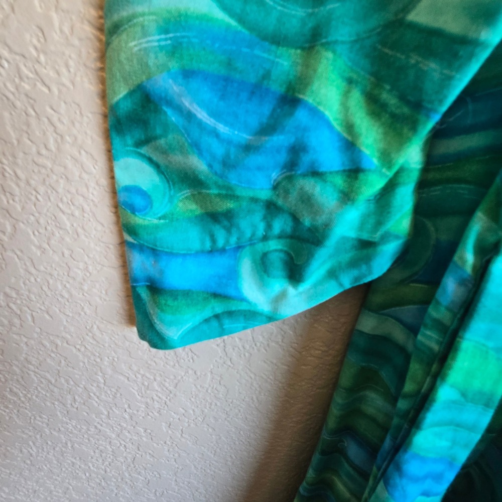Vintage Bette Inc Honolulu Hawaii Cotton Maxi Dress Teal Green Wave Print 8 - Picture 3 of 13